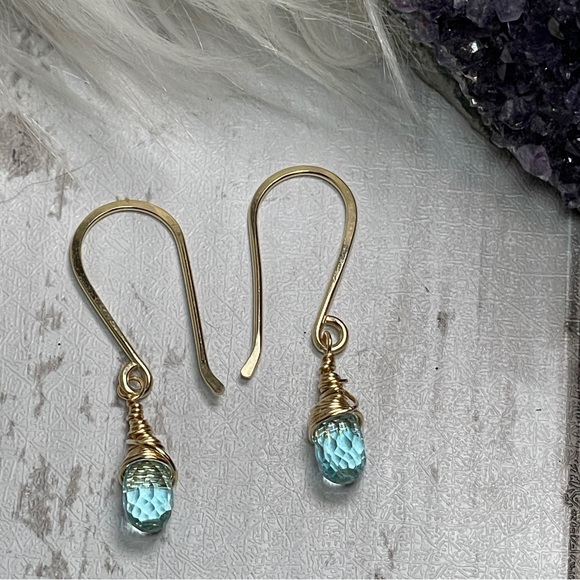 Aquamarine Quartz Crystal Earrings Artisan Designed 14k Gold Filled Wire - Picture 12 of 17